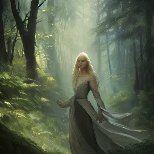 Prompt: A beautiful picture of galadriel in a forest by greg rutkowski and Kalin Popov, trending on artstation