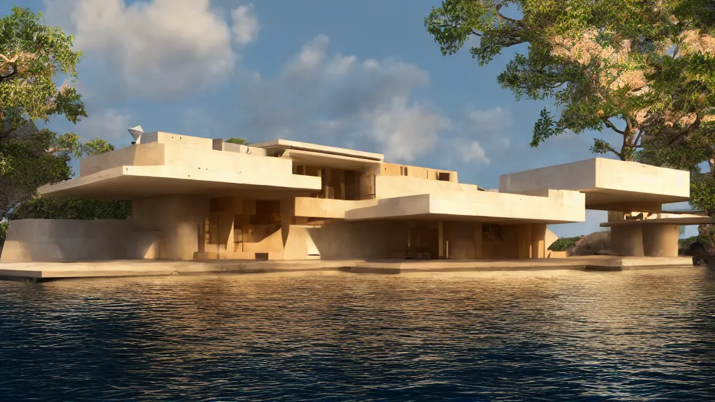 Image similar to modern concrete house built in the ocean, futuristic accents, golden hour, 4 k, built by frank lloyd wright, concept art