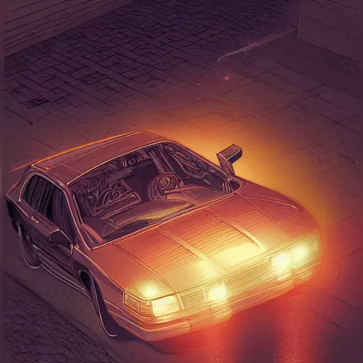 Image similar to detailed intricate digital illustration by greg rutkowski and artgerm and wlop and sanford robinson gifford ; 1 9 9 4 vehicle, 1 3 mm film, wide angle arri alfa anamorphic lens ; bright, vintage headlights and 1 9 9 0 s design ; sharp focus, soft evening lighting