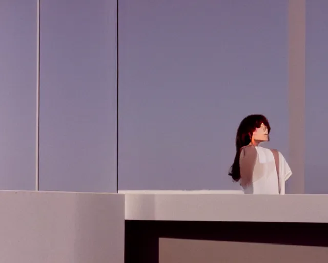 Image similar to a still of a young woman looking out from a huge white balcony of a minimalist house, outside view, low angle, clear sky, minimalist composition, in the music video Wrapped Around your Finger (1983)