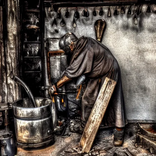 Prompt: a old grumpy blacksmith hammering away on burned metal, realistic, hdr, clear image, hdd, medival,