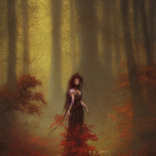 Image similar to portrait of a dryad in a forest of fey autumn maples by greg rutkowski and brian froud dark mysterious, filtered evening light