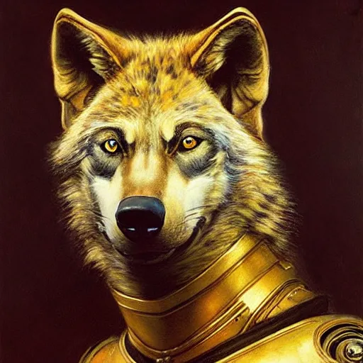 Prompt: a portrait of a wolf hyenaman canine star trek chief engineer. highly detailed painting by gaston bussiere craig mullins jc leyendecker gustav klimt artgerm greg rutkowski furry