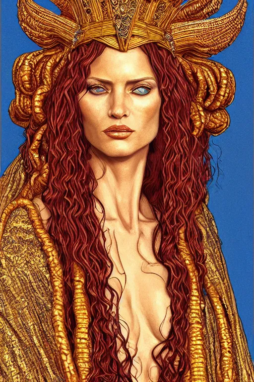 Image similar to Portrait of historically accurate, ancient biblical, sultry, sneering, evil, pagan, wicked, queen jezebel, wearing gilded robes, long hair, intricate, elegant, highly detailed, masterpiece, illustration, art by Jean Giraud, highly detailed, trending on artstation, award winning