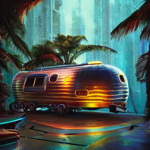 Prompt: futuristic cyberpunk airstream treehouse with tiki accents, fine art, digital painting, velvet art, atmospheric lighting, center focus, hyperdetailed, photorealistic, 8k, high resolution, velvia, velvety, vibrant and rich colors, insanely detailed and intricate, ray tracing, award winning, featured in artstation, greg rutkowski, beeple, octane render