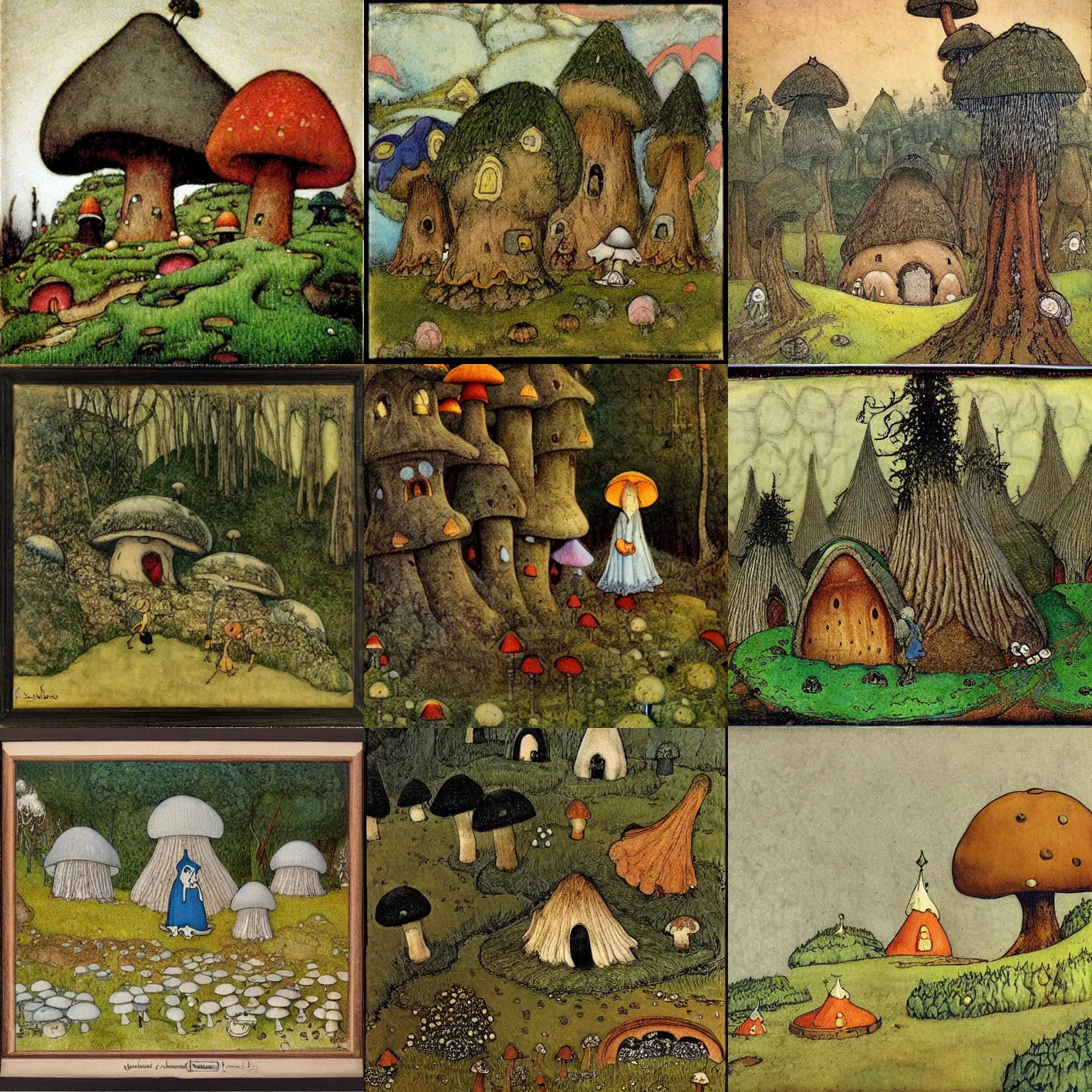 Prompt: generic fairytale landscape with mushroom houses in the style of wimmelbilder, peyo and alexsandro palombo, a troll creature by John Bauer walking