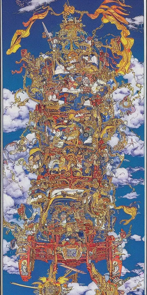 Image similar to a chariot drawn by pandas in japan, 1990s anime, full color, tarot card the chariot, highly detailed, intricate design,