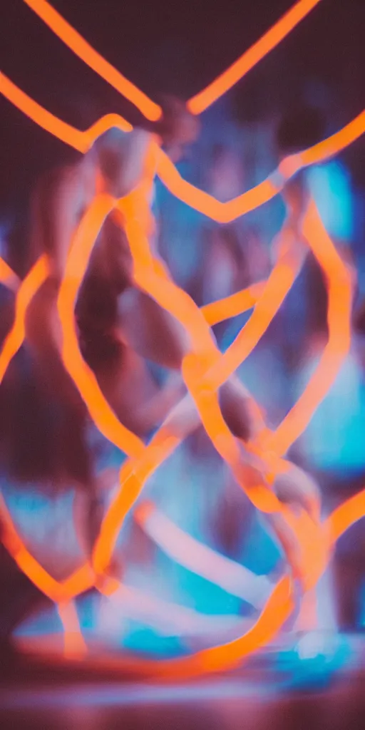 Image similar to a blurry picture of gorgeous human bodies intertwined, long exposure photograph, anamorphic bokeh, orange and cyan lighting, cinematic