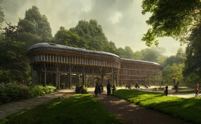 Image similar to exterior shot of utopian victorian train station on in the middle of an english garden with cinematic lighting by peter zumthor and renzo piano, darek zabrocki and greg ruthkowski, simon stalenhag, cinematic, holy place, paradise, scifi, futurism, atmospheric, concept art, artstation, trending on artstation