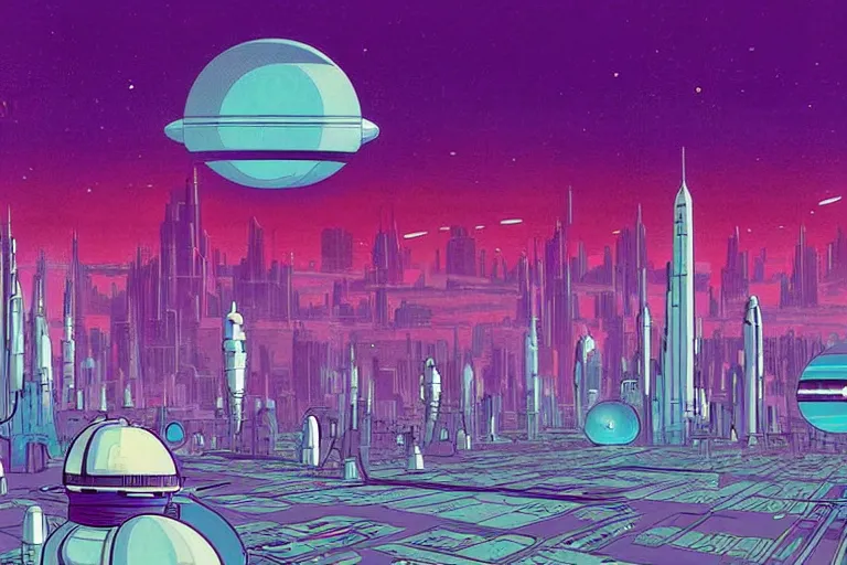 Prompt: a scifi illustration, Galactic City on Coruscant. flat colors, limited palette in FANTASTIC PLANET La planète sauvage animation by René Laloux