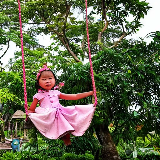 Image similar to A girl in a peony dress swings on a flower swing in Bali, style of Guo Hua