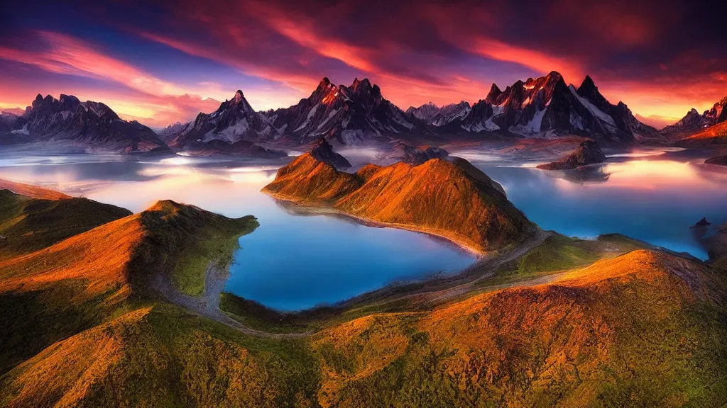 Image similar to amazing landscape photo of mountains with lake in sunset by marc adamus, beautiful dramatic lighting