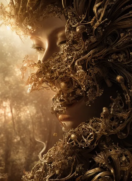 Image similar to beauteous sumptuous biomechanical incredible hair, crystalline masterpiece incrustations, hyperdetailed face, elegant pose, movie still, intricate, octane render, cinematic forest lighting, cgsociety, unreal engine, crepuscular rays, god rays