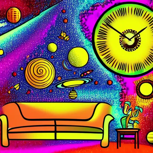 Prompt: psychedelic trippy couch in space, planets, milky way, sofa, corn, bees, trees, clock cartoon