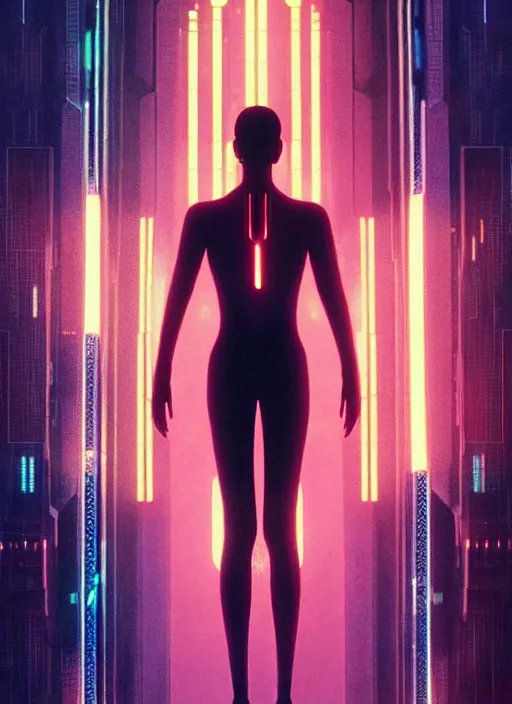 Image similar to symmetry!! film still establishing shot of the technological singularity, sci - fi -, cyberpunk, blade runner, glowing lights, tech, biotech, techwear!! intricate, elegant, highly detailed, digital painting, artstation, concept art, smooth, sharp focus, blur, short focal length, illustration, art by artgerm and greg rutkowski and alphonse mucha