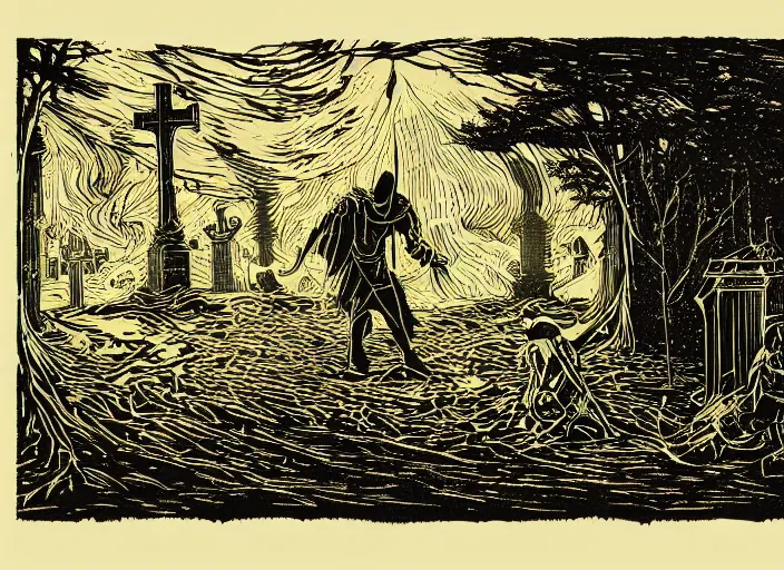 Image similar to two tone woodcut print, ghost in graveyard at midnight by greg rutkowski, fine details, highly detailed