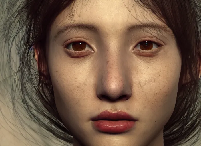 Prompt: a female looking directly while her left eye is closed and the other right eye is wide open, horror, dark, naturel, hyper detailed, digital art, trending in artstation, cinematic lighting, studio quality, smooth render, unreal engine 5 rendered, octane rendered, art style by klimt and nixeu and ian sprigger and wlop and krenz cushart