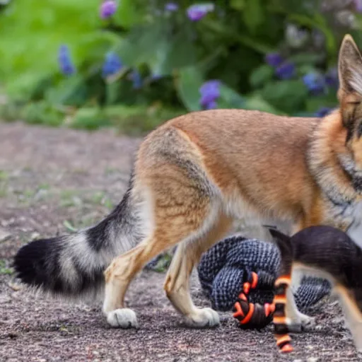 Prompt: a kitten looking at a string in the foreground, a german shepherd hunting a fox in the background