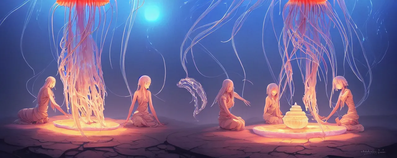 Image similar to A painting of priestesses worshipping at the jellyfish temple, shrouded in mist, jellyfish god, 8K, illustration, art by artgerm and Makoto Shinkai and Hitoshi Ashinano, smoke, cinematic, insanely detailed and intricate, hypermaximalist, elegant, super detailed, award-winning, puce and vermillion, mysterious, ancient, ritual, ethereal, trending in cgsociety, artstation HQ, ornate, elite, haunting, matte painting
