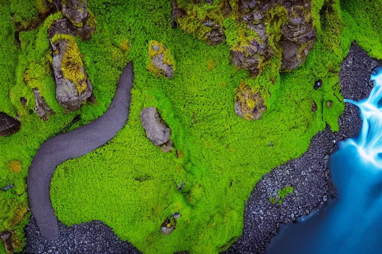 Image similar to drone shot photo of a landscape with mountains, waterfalls, wallpaper, very very wide shot, blue glacier, iceland, new zeeland, green flush moss, national geographic, award landscape photography, professional landscape photography, sunny, day time, beautiful