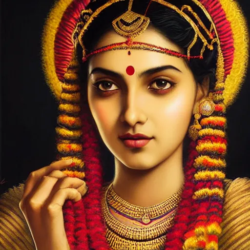 Image similar to beautiful young laxmi wearing bihu mekhela costume ; portrait by artgerm and tom bagshaw ; trending on artstation ; award winning, cinematic natural dramatic lighting, studio photography by annie leibovitz