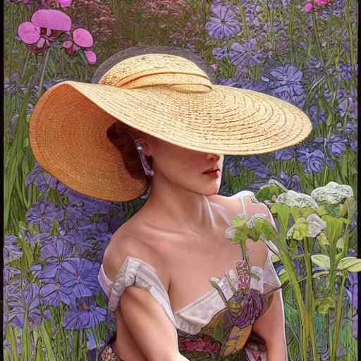 Image similar to slightly rusty robot-gardener in a straw hat, waters flowers, highly detailed, texture, background greenhouse, mild dreamy professional lighting, digital art, smooth, sharp focus, illustration, wide angle shot, full body visible, art by artgerm, by alphonse mucha