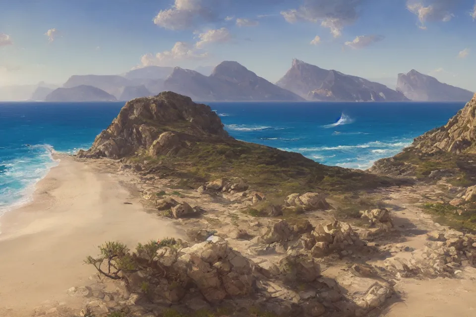 Image similar to highly detailed painting of kreta, ocean view, sunny, by greg rutkowski, by raphael lacoste, 4 k resolution, trending on artstation