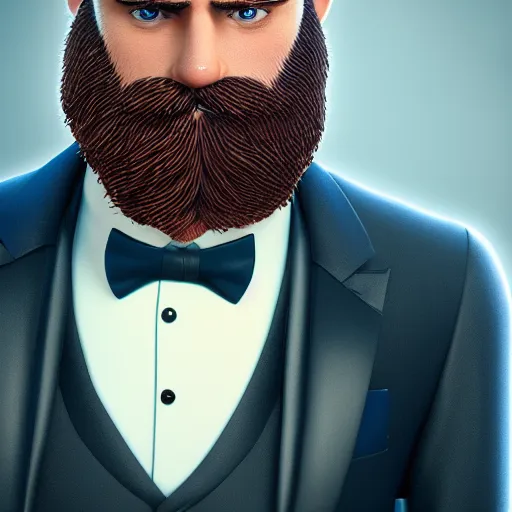 Image similar to a highly detailed portrait of a man, with a brown beard and hair, blue eyes, wearing a tuxedo, artstation, deviantart, professional, octane render