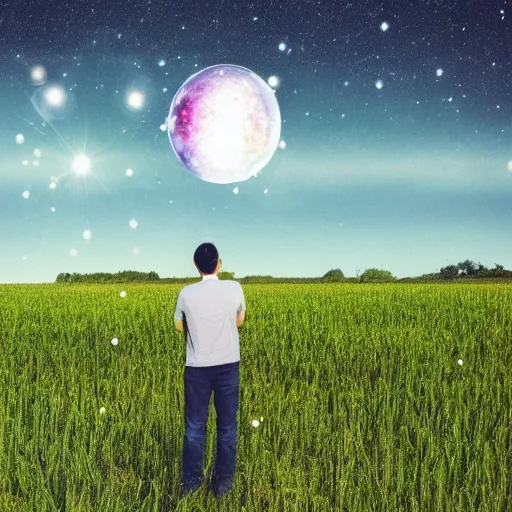 Prompt: a man in a field looking at multiverse bubbles in the sky