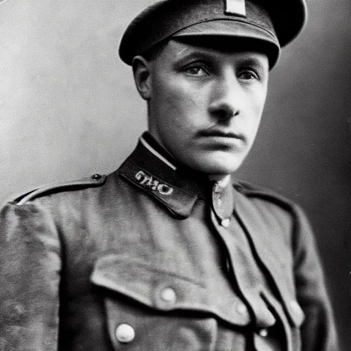 Prompt: World War 1 soldier with horrified expression, portrait, black and white photography