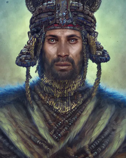 Prompt: digital painting of an incan lord, by filipe pagliuso and justin gerard, symmetric, fantasy, highly detailed, realistic, intricate, portrait, sharp focus, tarot card