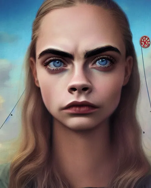 Image similar to closeup face profile portrait of cara delevingne as a soviet chernobyl space toy, bikini, depth of field, zeiss lens, detailed and intricate environment, fashion photoshoot by nicoletta ceccoli, mark ryden, lostfish, breathtaking, 8 k resolution, artistic, hyperrealistic, octane render
