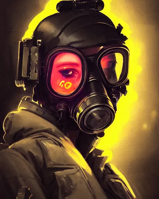 Image similar to detailed portrait neon female swat officer, cyberpunk futuristic, neon, gas mask, reflective puffy coat, decorated with traditional japanese by ismail inceoglu dragan bibin hans thoma greg rutkowski alexandros pyromallis nekro rene margitte, fire & smoke, illustrated, perfect face, fine details, realistic shaded, fine - face, pretty face