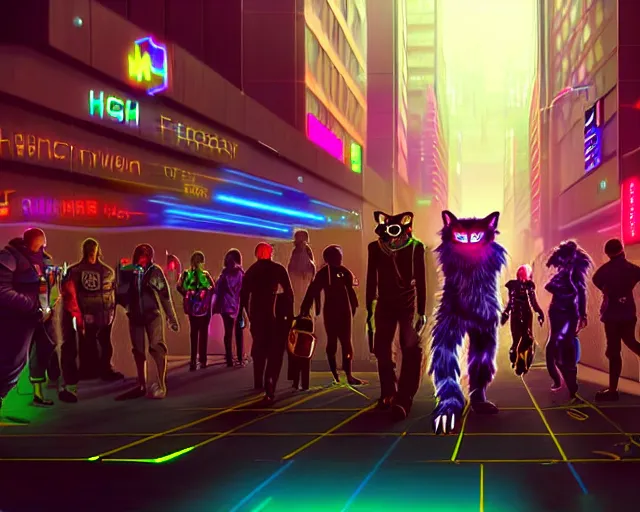 Image similar to high - resolution photograph from a cyberpunk era furry fandom convention ( midwest furfest 2 0 4 7 ), taking place after the genetic revolution and quantum singularity. photorealistic.