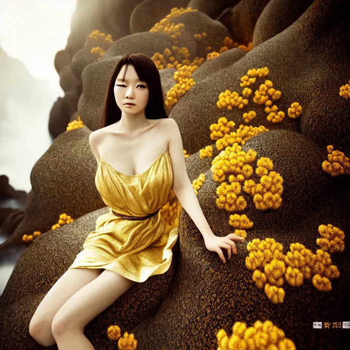 Image similar to Kodak Portra 400, 8K, soft light, volumetric lighting, highly detailed, Rena Nounen style 3/4 ,portrait photo of a Japanese ravishing Goddess by WLOP, the face emerges from a lava flowing gold travertine terraces with lotus flowers, inspired by Ophelia paint , a beautiful chic dress and hair are intricate with highly detailed realistic beautiful flowers , Realistic, Refined, Highly Detailed, ethereal lighting colors scheme, outdoor fine art photography, Hyper realistic, photo realistic, masterpiece