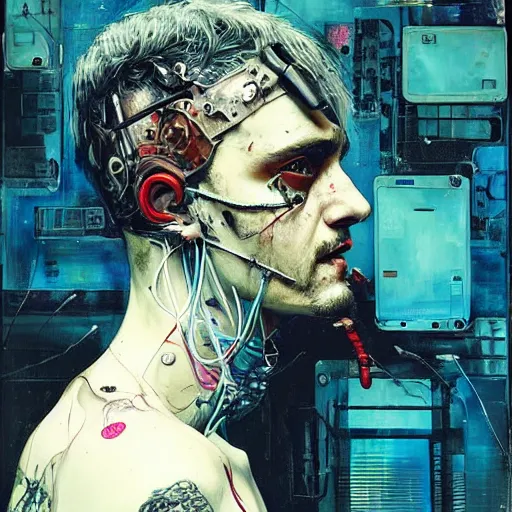 Image similar to boyd holbrook as a cyberpunk hacker, skulls, wires cybernetic implants, machine noir grimcore, in the style of adrian ghenie esao andrews jenny saville surrealism dark art by james jean takato yamamoto and by ashley wood