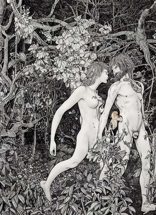 Prompt: 4k photo of an adam and eve in eden garden, by Vania Zouravliov and Takato Yamamoto, high resolution. still from 2021 a movie by Gaspar Noe