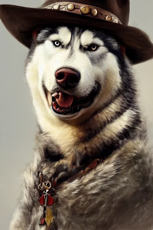 Prompt: a portrait painting of a husky in cowboy costume, wearing a cowboy hat, by rembrandt, [ western film ], [ red dead ], trending on artstation