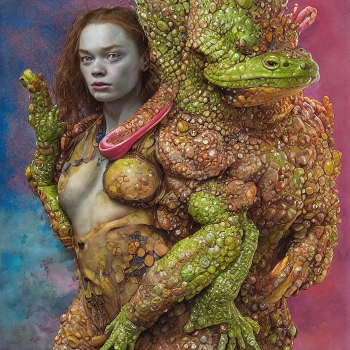 Image similar to a portrait photograph of sadie sink as a brightly colored amphibian with wet mutated skin. she wearing a tactical suit and has many body modifications. by tom bagshaw, donato giancola, hans holbein, walton ford, gaston bussiere, brian froud, peter mohrbacher and magali villeneuve. 8 k, fashion editorial, cgsociety