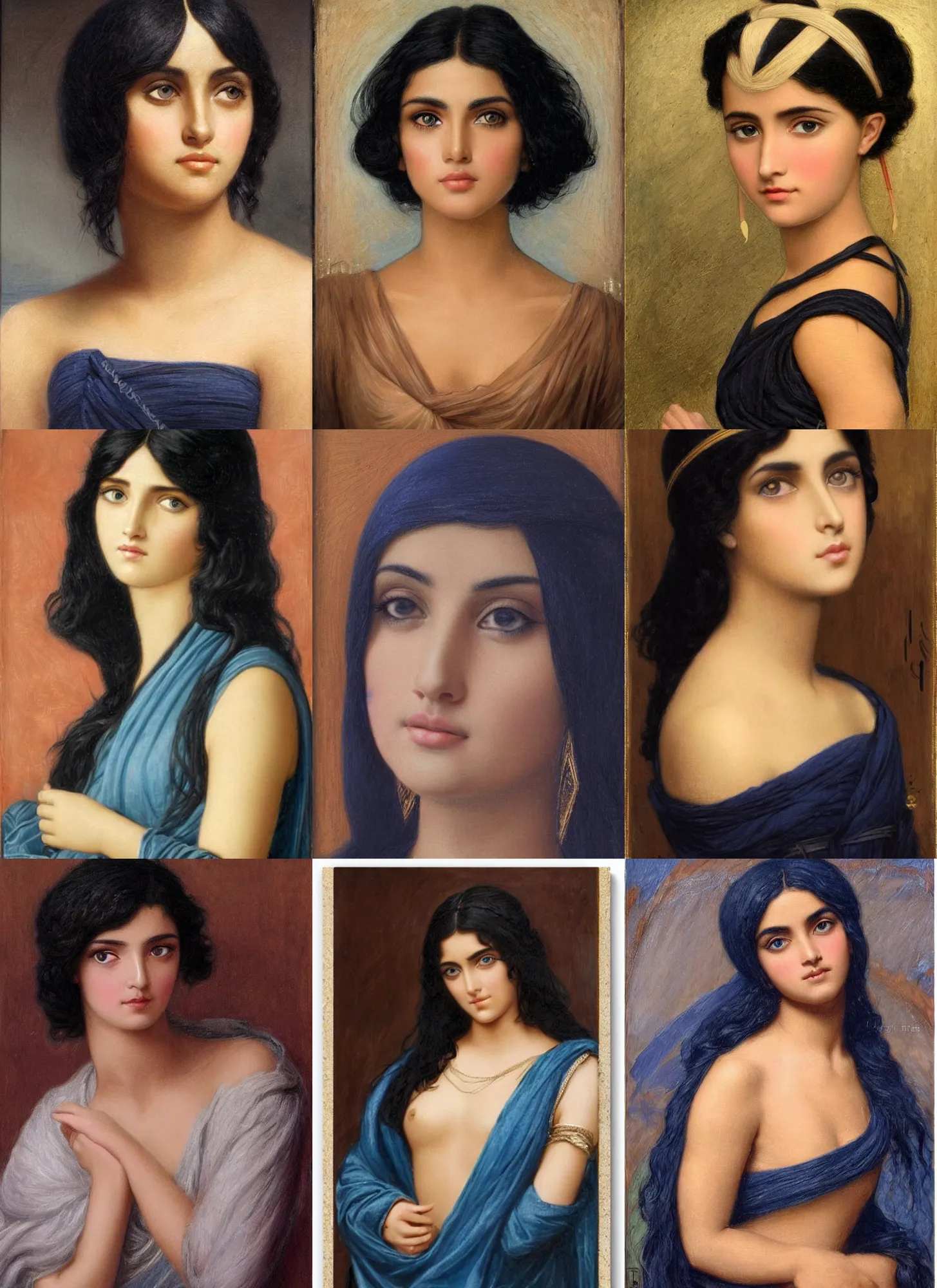 Prompt: tanned ameera al taweel, blue eyes, wavy black hair, triangle beautiful by john william godward