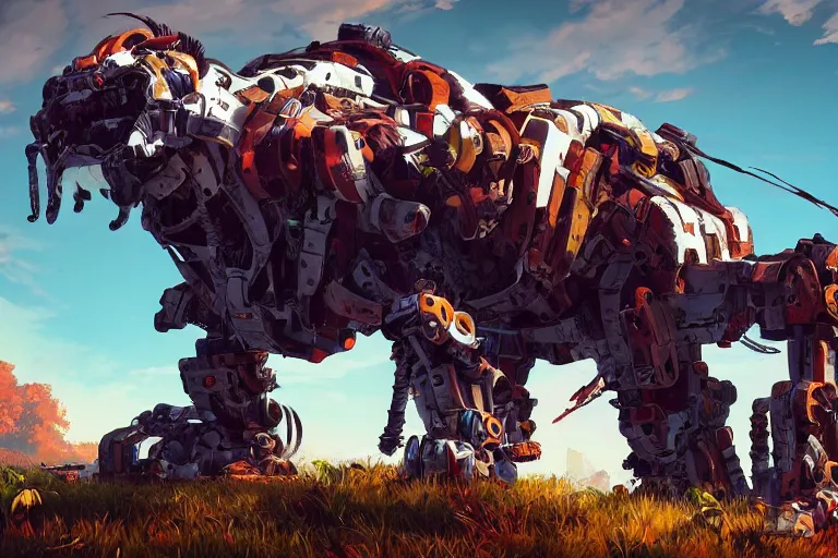 Image similar to scrapper machine mecanical creature robot of horizon forbidden west horizon zero dawn radiating a glowing aura global illumination ray tracing hdr fanart arstation by ian pesty and alena aenami artworks in 4 k