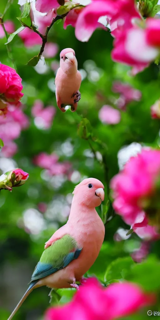 Image similar to a cute pink and white rosy - faced lovebird eating an ice cream in a flower garden. cell phone photograph