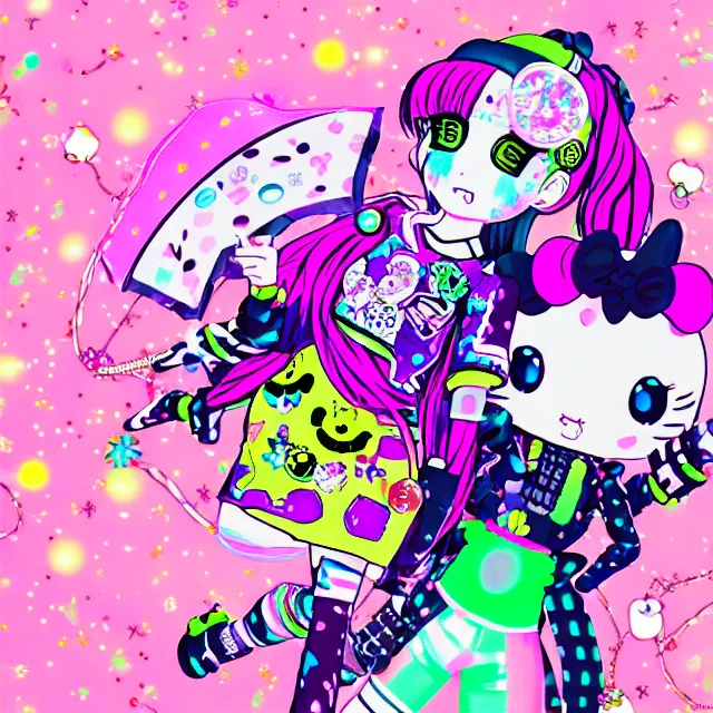 Image similar to cybergoth decora glitchcore yokai girl, sanrio ornaments, pastel cute cinematography