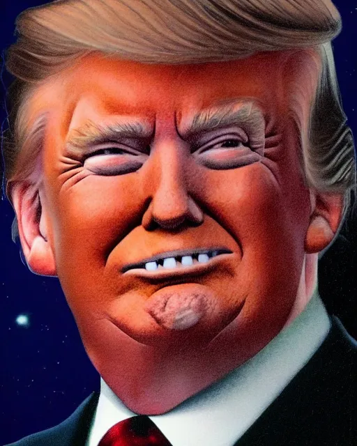 Image similar to donald trump with a subtle smirky smile painted by drew struzan, intrincate background, clear highly detailed, beautiful sci fi art