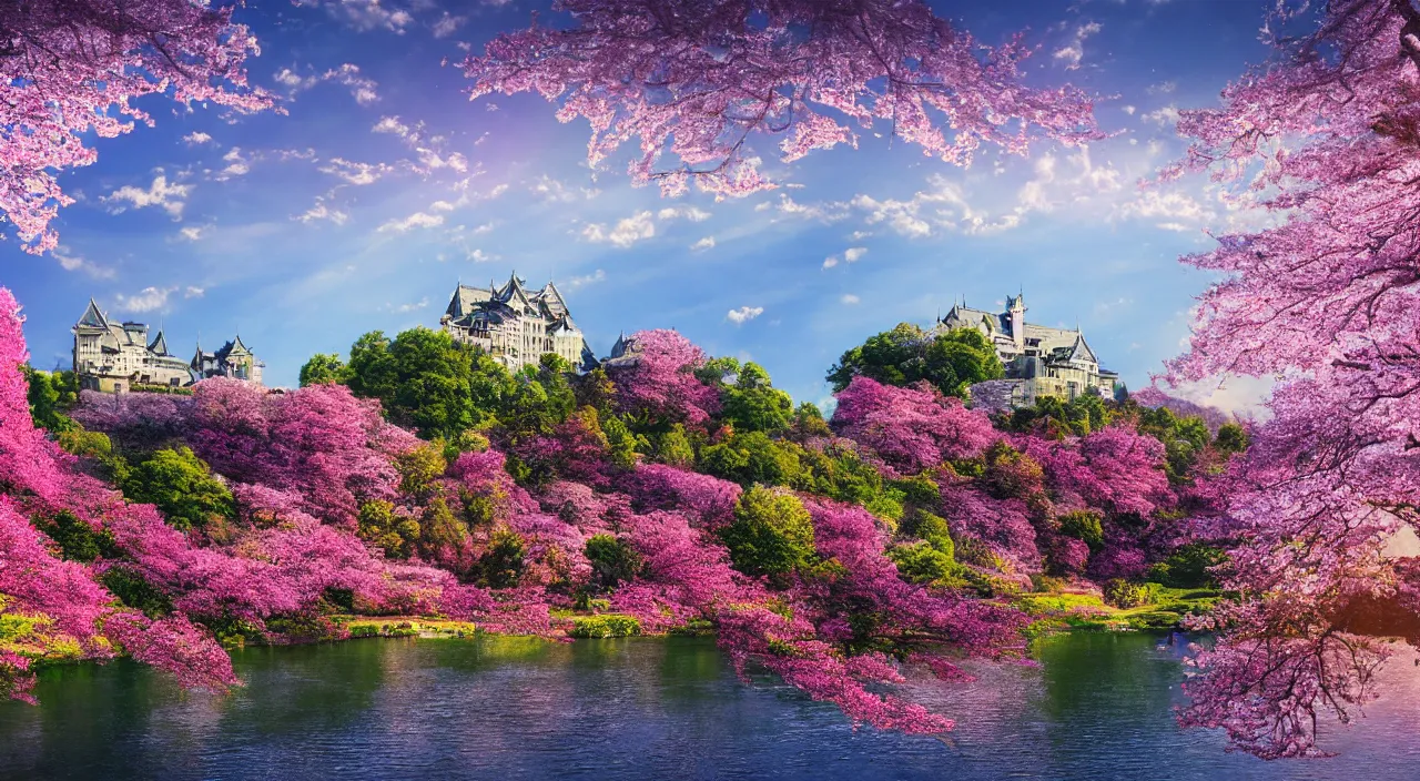 Image similar to landscape with a big castle surrounded by cherry blossom, hyper - detailed, god rays, light, trees, river, trending on artsation