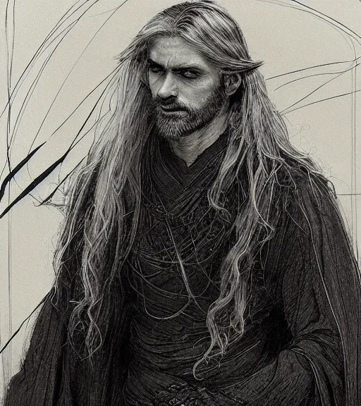 Image similar to portrait of man with long blond hair tied up wearing black robes, pen and ink, intricate line drawings, by craig mullins, ruan jia, kentaro miura, greg rutkowski, loundraw