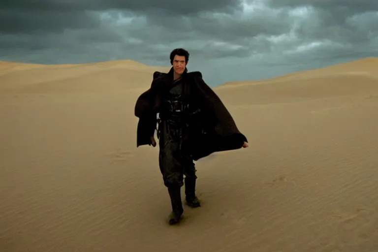 Image similar to a cinematic wide angle shot of a man in his early twenties, in the movie dune, stormy weather, dry, film still, cinematic, dramatic lighting, by zack snyder