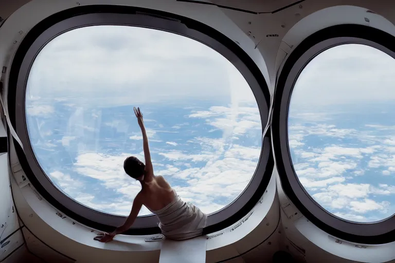 Image similar to sci-fi scene of space tourists in glamourous spaceship bedroom looking out large circular window at earth orbit By Emmanuel Lubezki