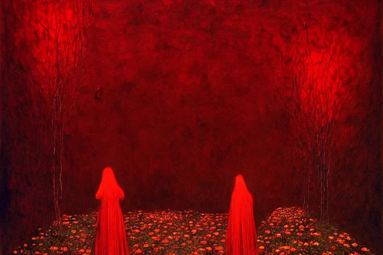 Image similar to only with red, red creepy eyes, a red tiger, a castle in the background, medieval demons dance over the flowers, an ancient path, in the style of beksinski, part by hopper, part by rodcenko, part by hofbauer, intricate composition, red by caravaggio, insanely quality, highly detailed, masterpiece, red light, artstation