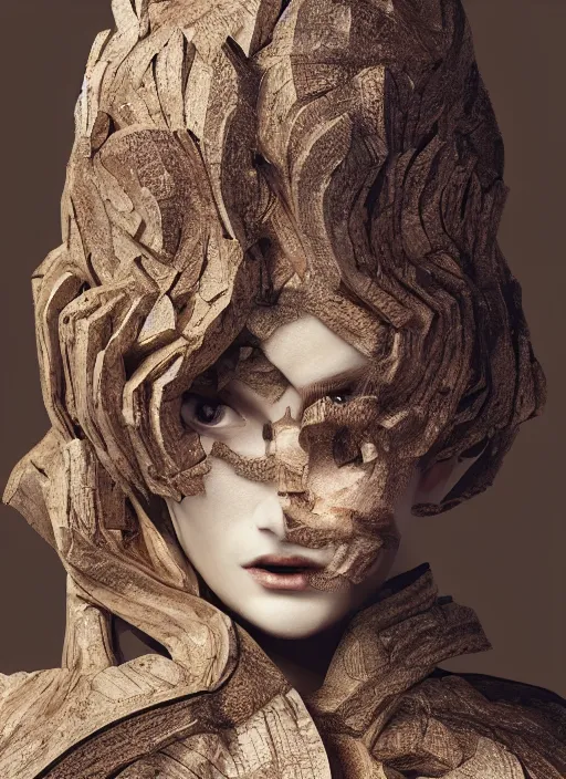 Image similar to sculpture made of wood, portrait, female, future, harper's bazaar, vogue, magazine, intricate, concept art, close up, ornate, luxury, elite, elegant, trending on artstation, by ruan jia, by Kenneth Willardt, by ross tran, by WLOP, by Andrei Riabovitchev,